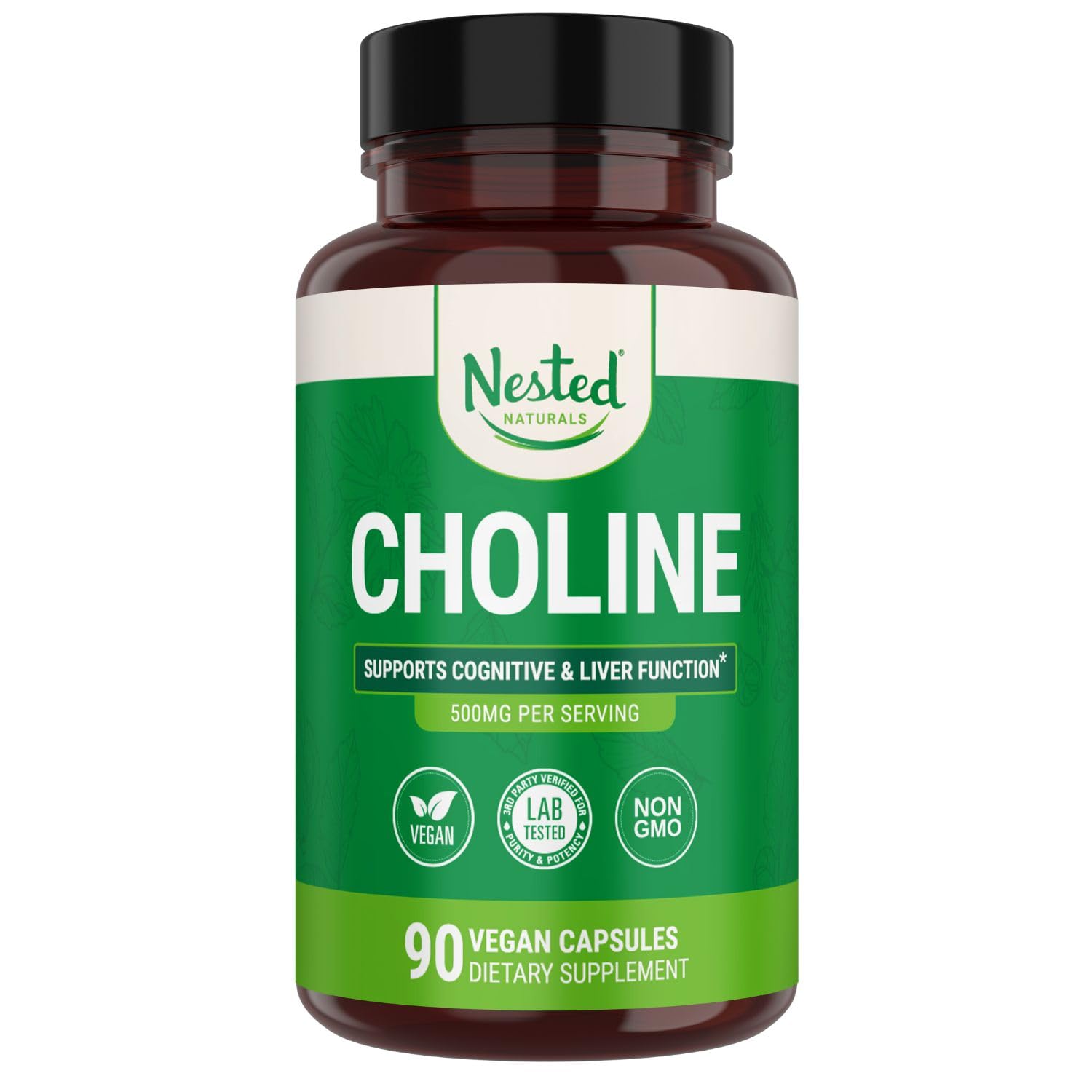 Nested Naturals Choline Bitartrate bottle front; supports cognitive function and liver health.