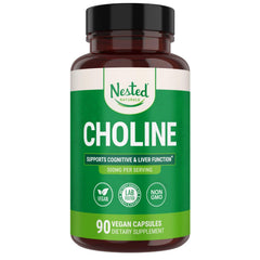 Nested Naturals Choline Bitartrate bottle front; supports cognitive function and liver health.