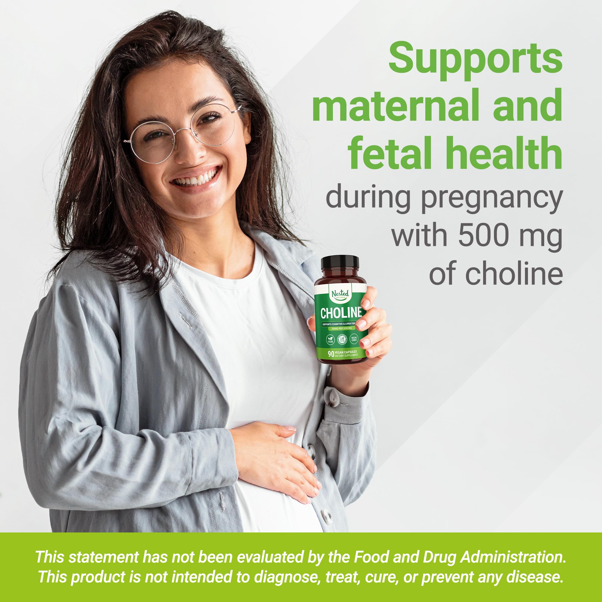 Nested Naturals Choline Bitartrate label view; vegan, non-GMO formula for clean supplementation.