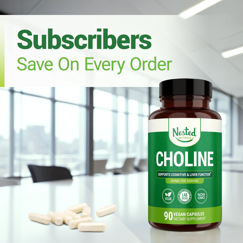 Nested Naturals Choline Bitartrate packaging flatlay; convenient daily choline supplementation.