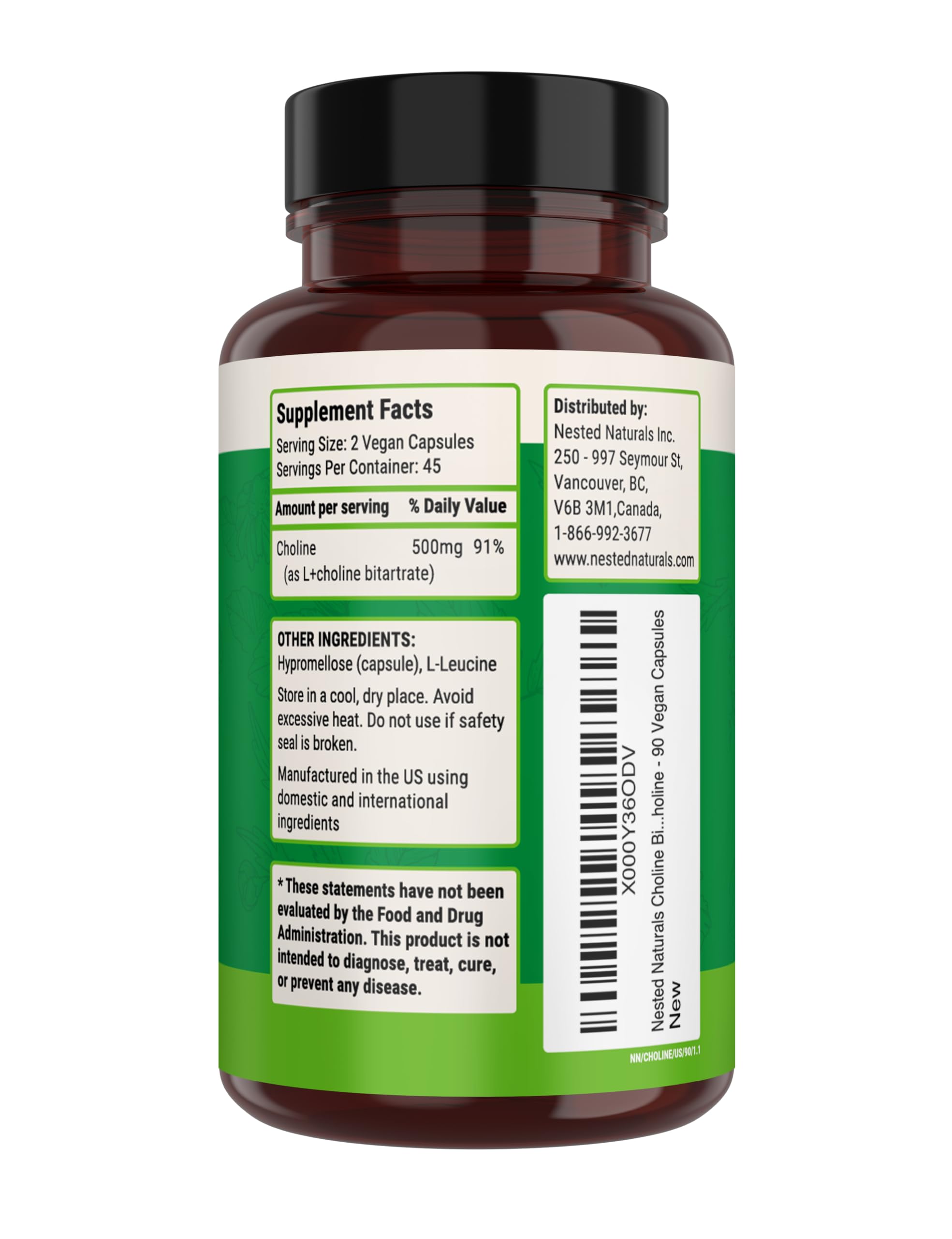 Nested Naturals Choline Bitartrate supplement facts; third-party tested for purity.