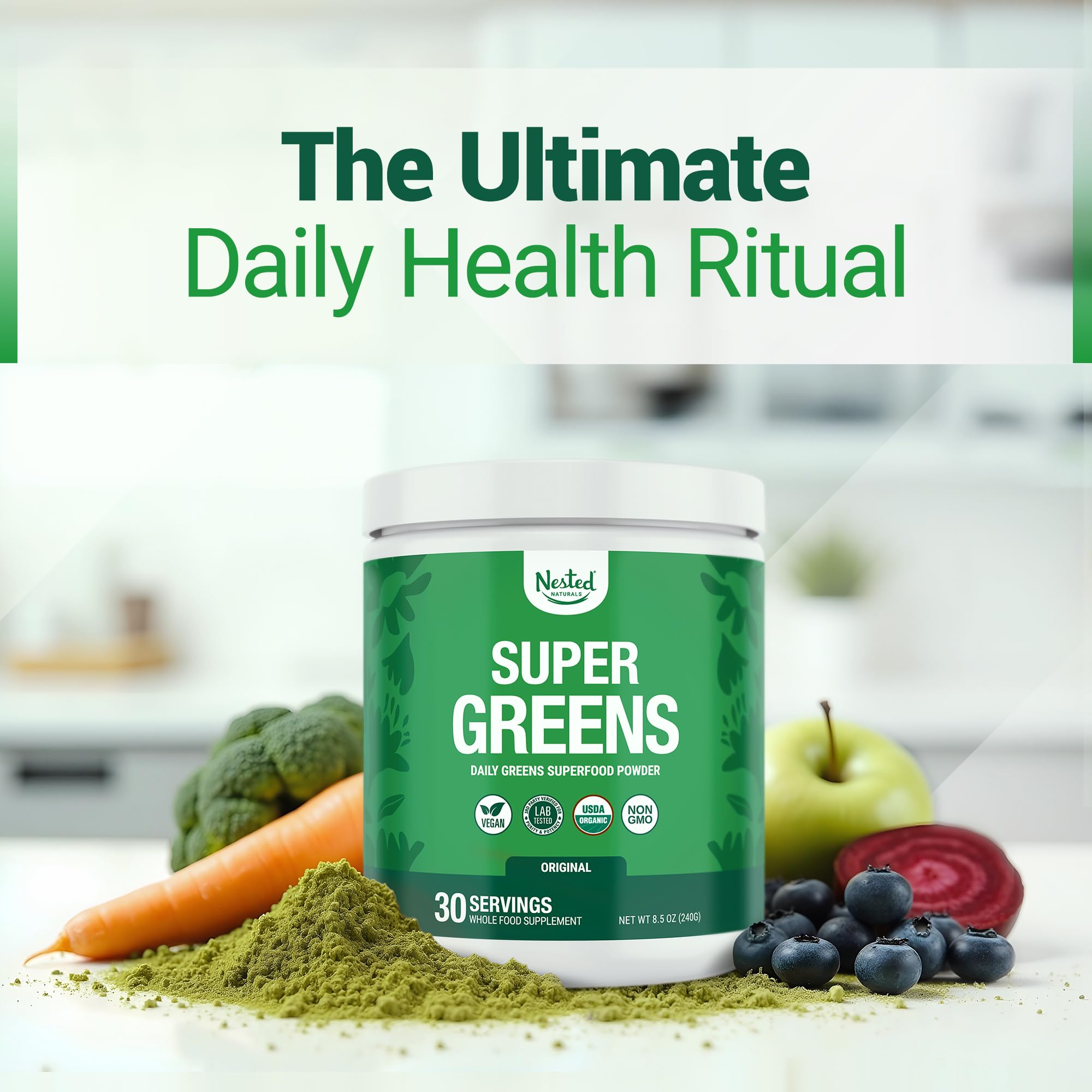 Green powder dissolving in water with Nested Naturals branding.