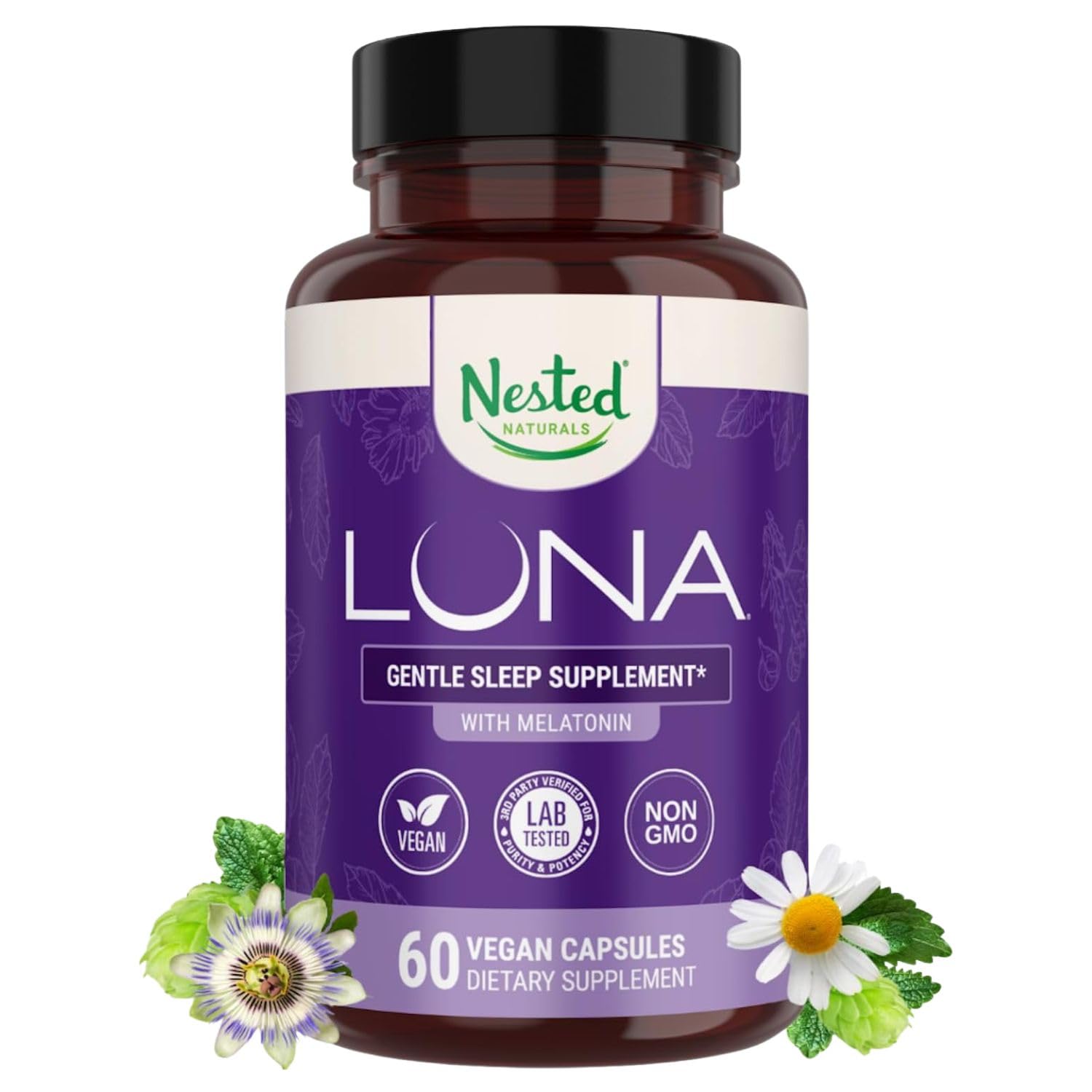 Nested Naturals Luna Sleep bottle front showing natural sleep support for adults.