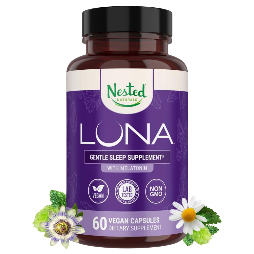 Nested Naturals Luna Sleep bottle front showing natural sleep support for adults.