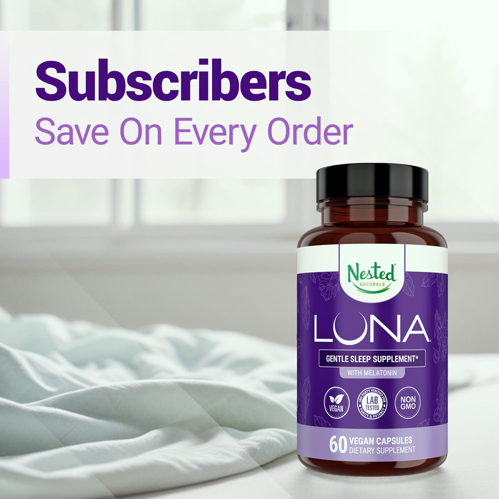 Nested Naturals Luna Sleep bottle on nightstand ready for calm, restorative nights.