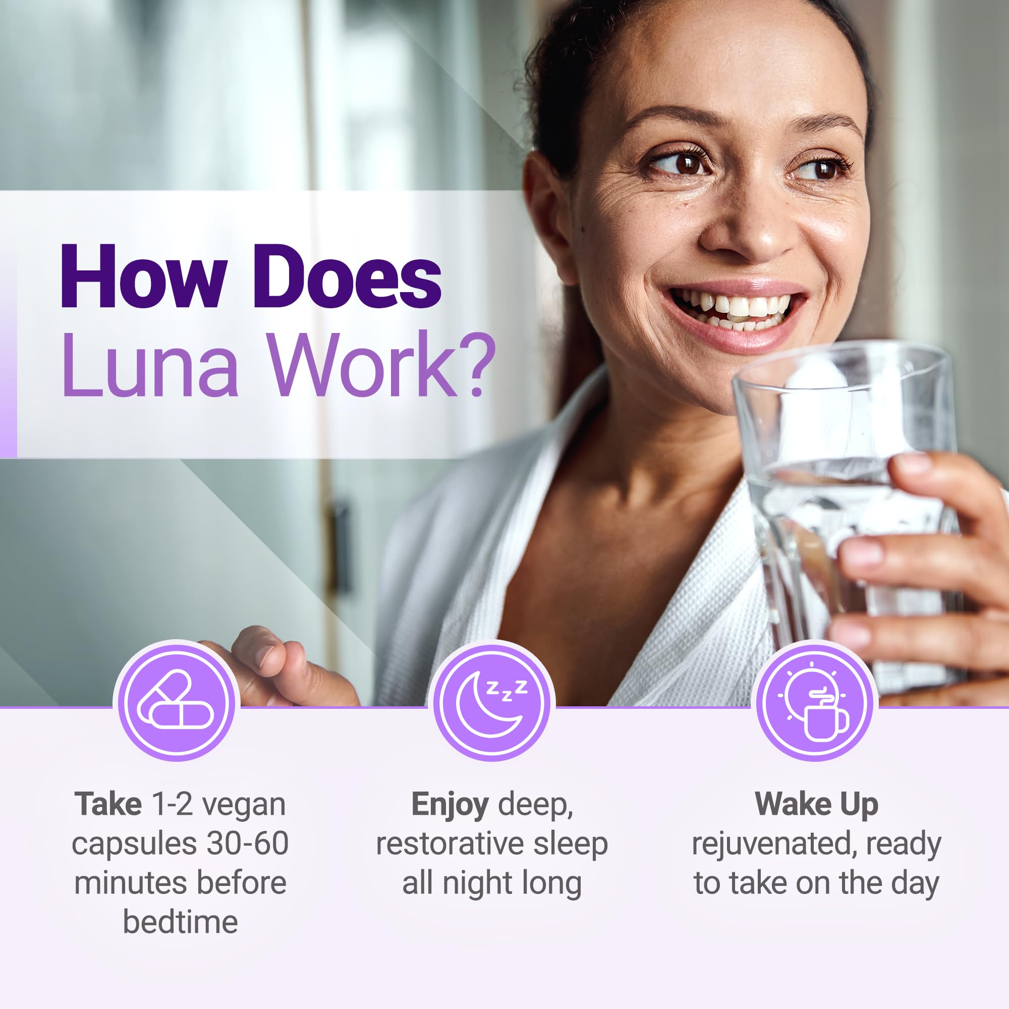 Nested Naturals Luna Sleep capsules close-up highlighting vegan, non-habit forming formula.