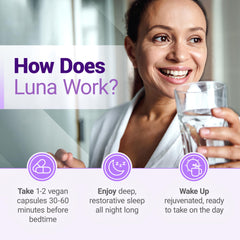 Nested Naturals Luna Sleep capsules close-up highlighting vegan, non-habit forming formula.