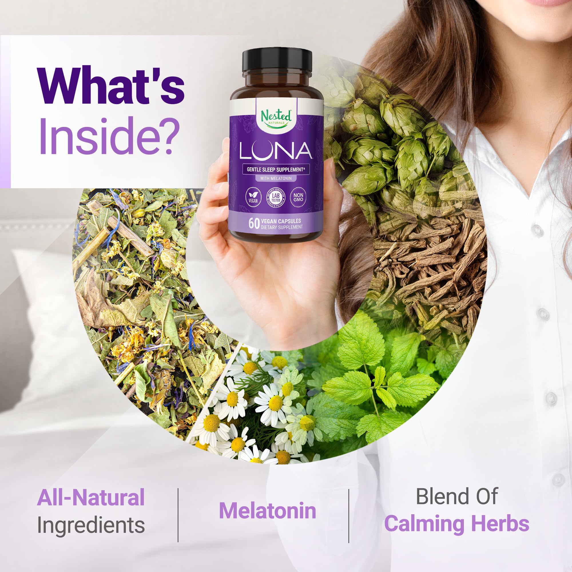 Nested Naturals Luna Sleep ingredients scene with valerian, chamomile, and lemon balm.