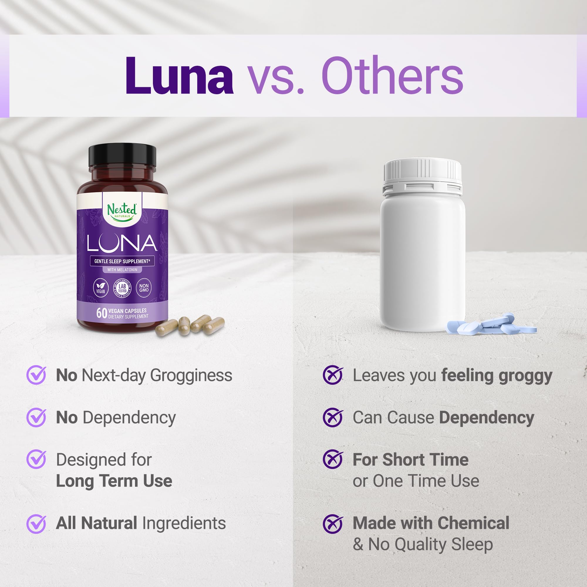 Nested Naturals Luna Sleep packaging box showcasing vegan capsules and natural ingredients.