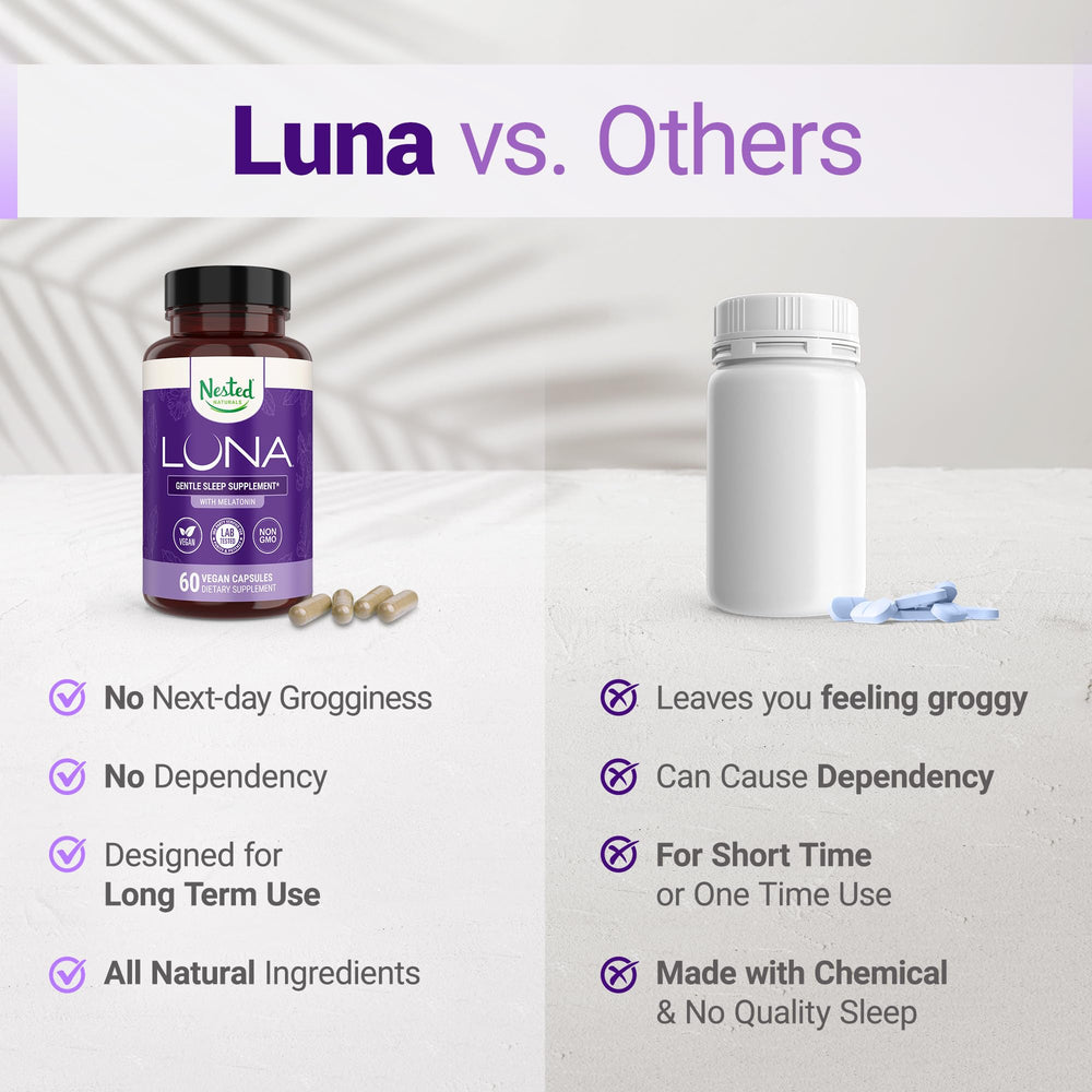Nested Naturals Luna Sleep packaging box showcasing vegan capsules and natural ingredients.