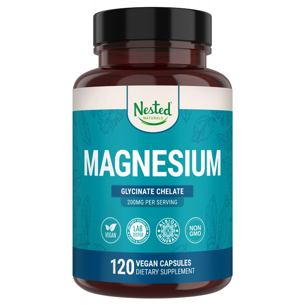 Nested Naturals Magnesium Glycinate bottle front shows premium chelated formula for calm support