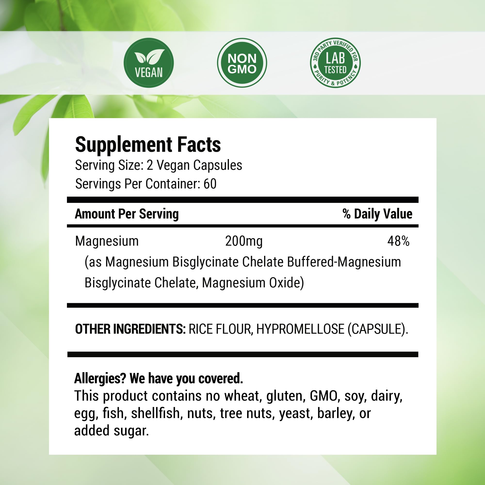 Nested Naturals magnesium glycinate ingredient list highlights chelated magnesium details