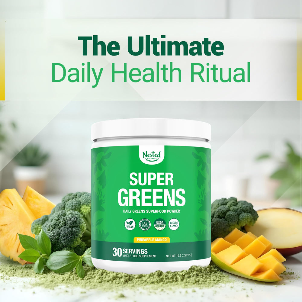 Nested Naturals Super Greens bottle with glass on a clean kitchen counter.