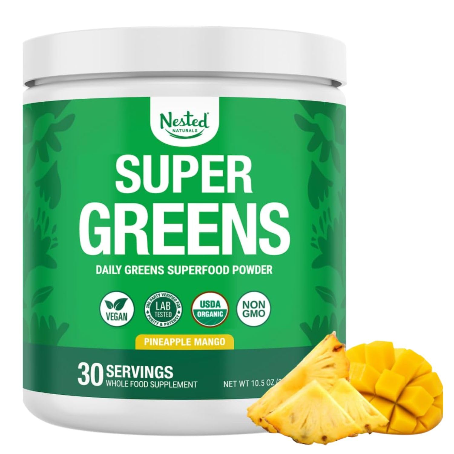 Nested Naturals Super Greens bottle pouring into glass for refreshing daily nutrition.