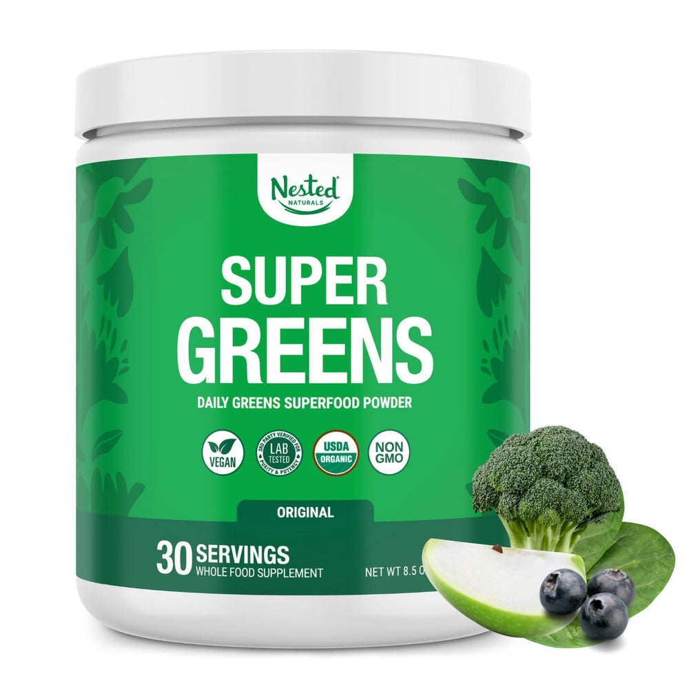 Nested Naturals Super Greens Daily powder bottle ready for daily nutrition.