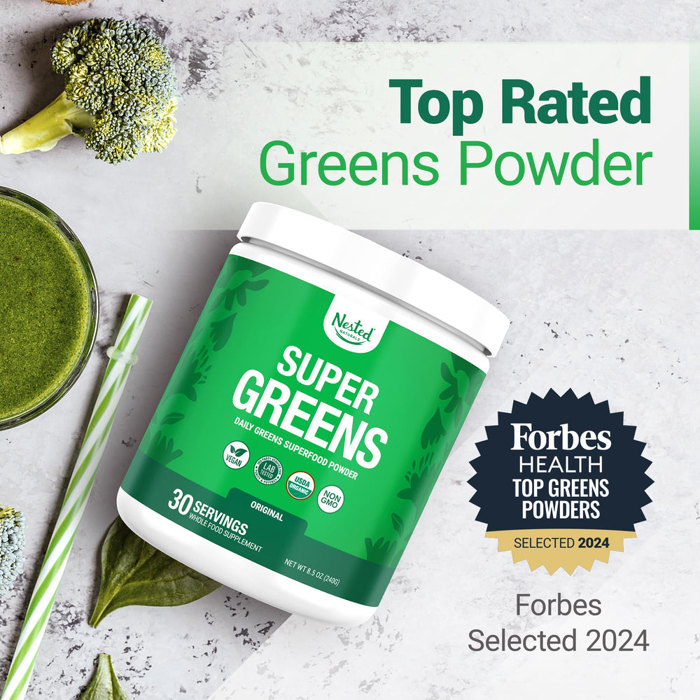 Pouring Nested Naturals Super Greens Daily into a glass for easy smoothies.