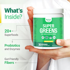 Nested Naturals Super Greens organic label on box highlighting USDA Organic certification.