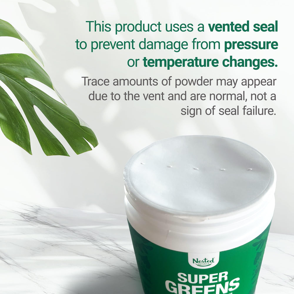 Packaging seal on Nested Naturals Super Greens showing third-party testing.
