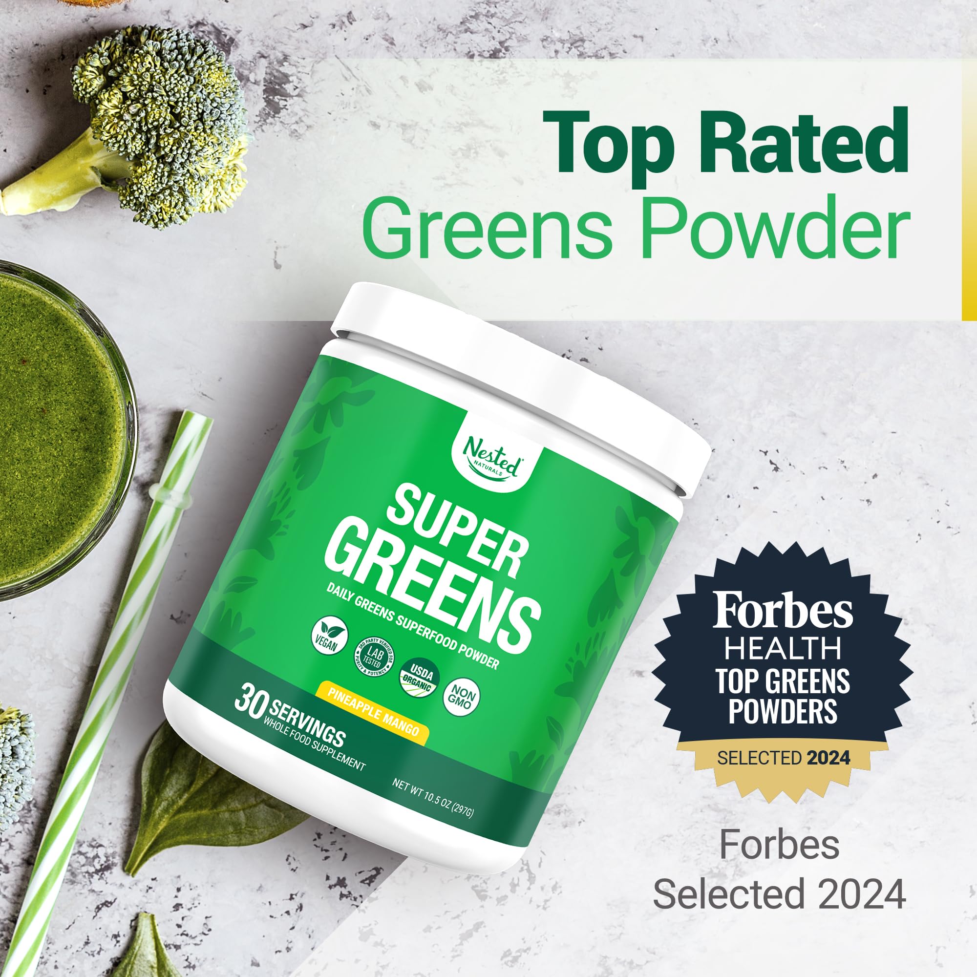 Nested Naturals Super Greens scoop beside jar for convenient daily servings.