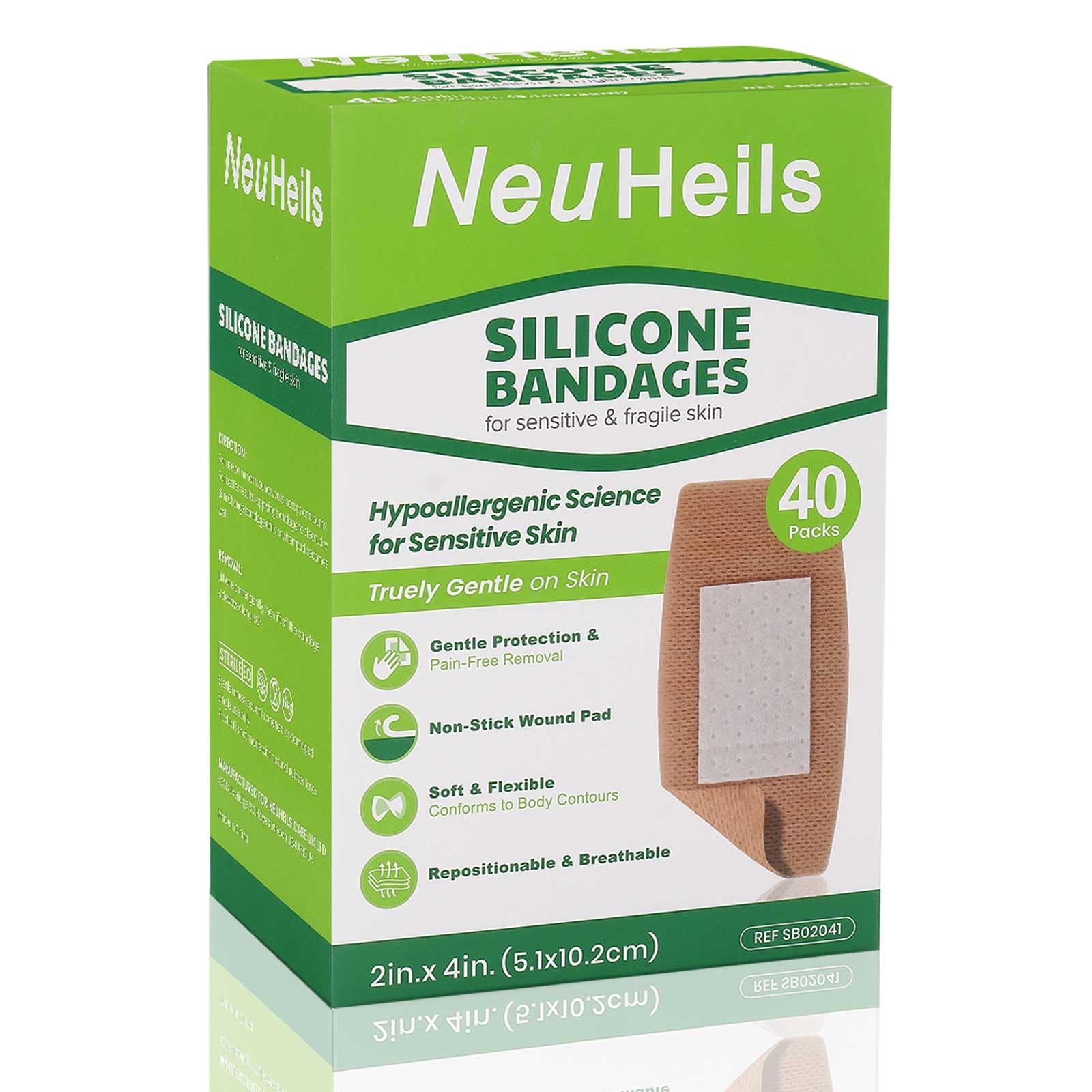 NeuHeils silicone adhesive bandage label close-up, 40-count packaging detail