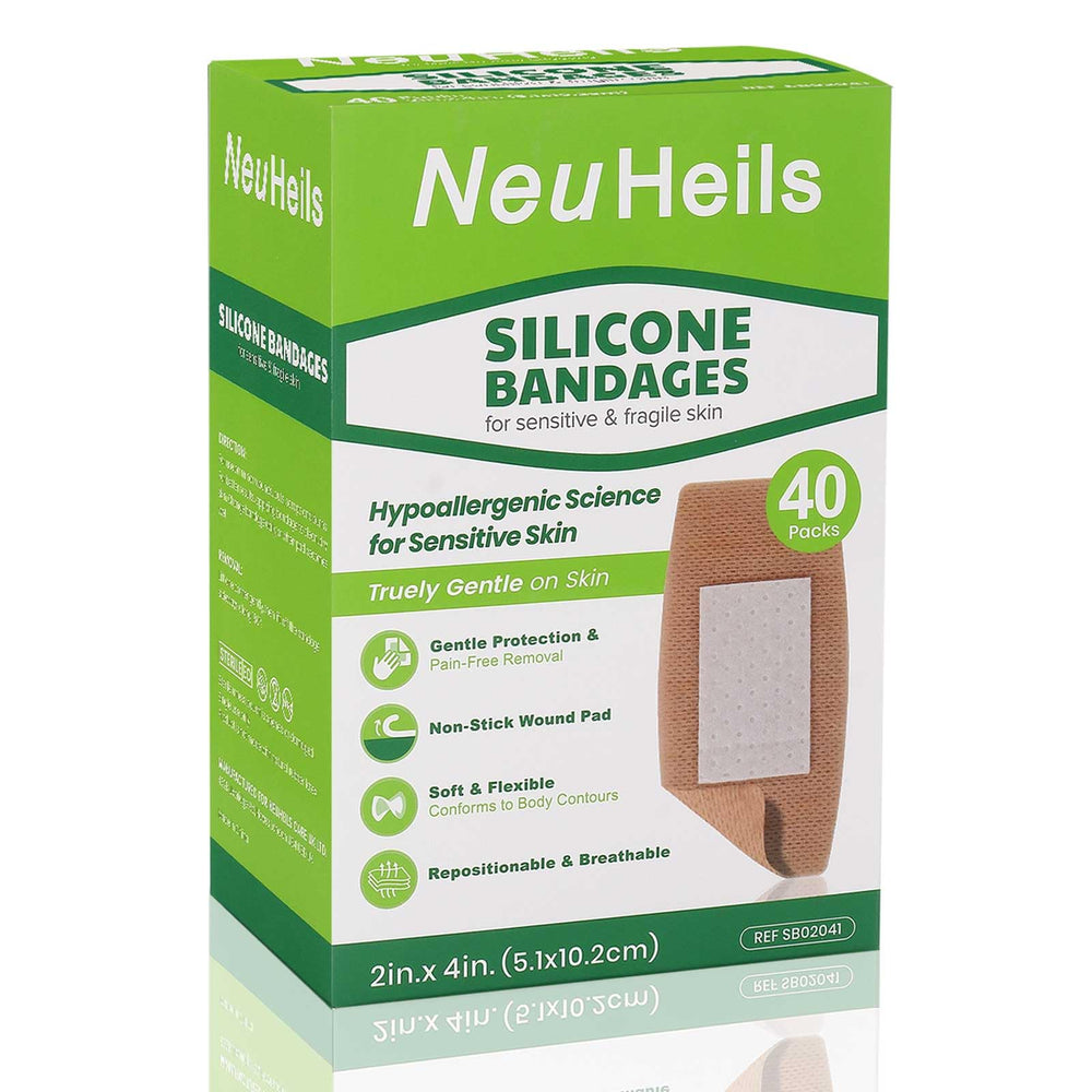 NeuHeils silicone adhesive bandage label close-up, 40-count packaging detail
