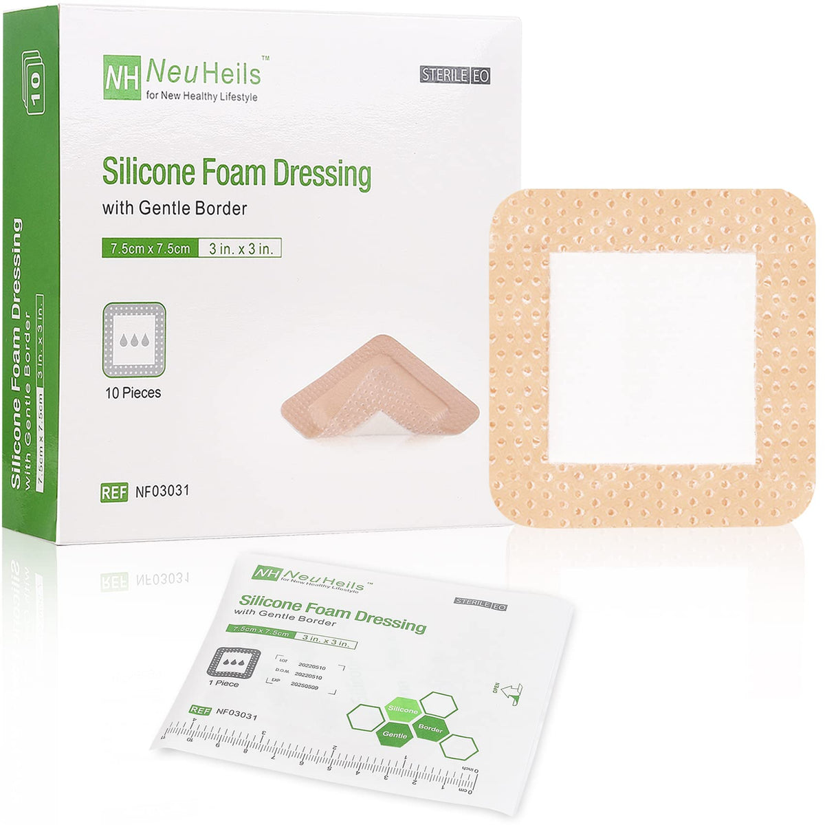 NeuHeils silicone adhesive foam dressing front view gentle protection for delicate skin