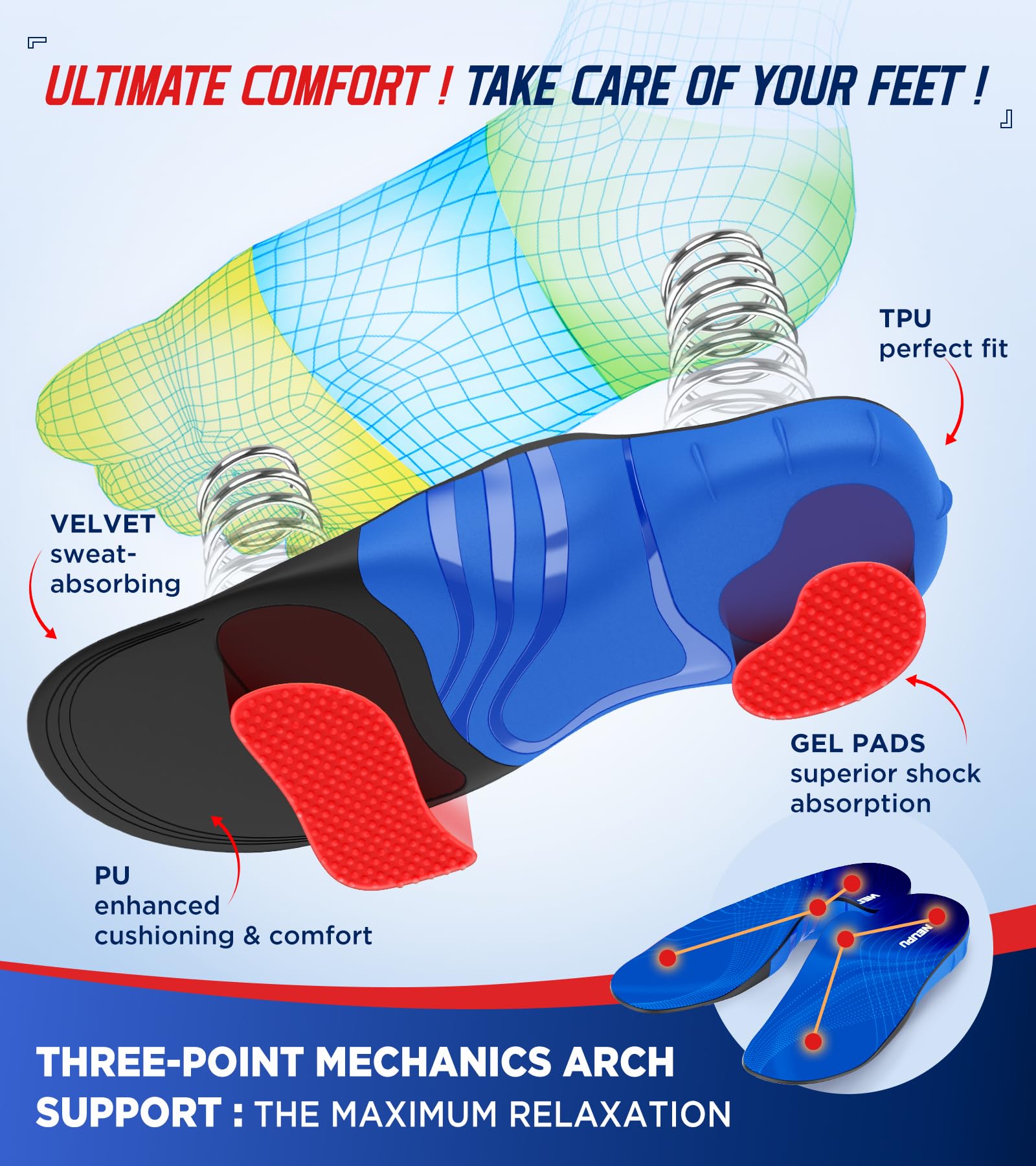 NEUPU gel pads front and rear absorb shock for comfort.