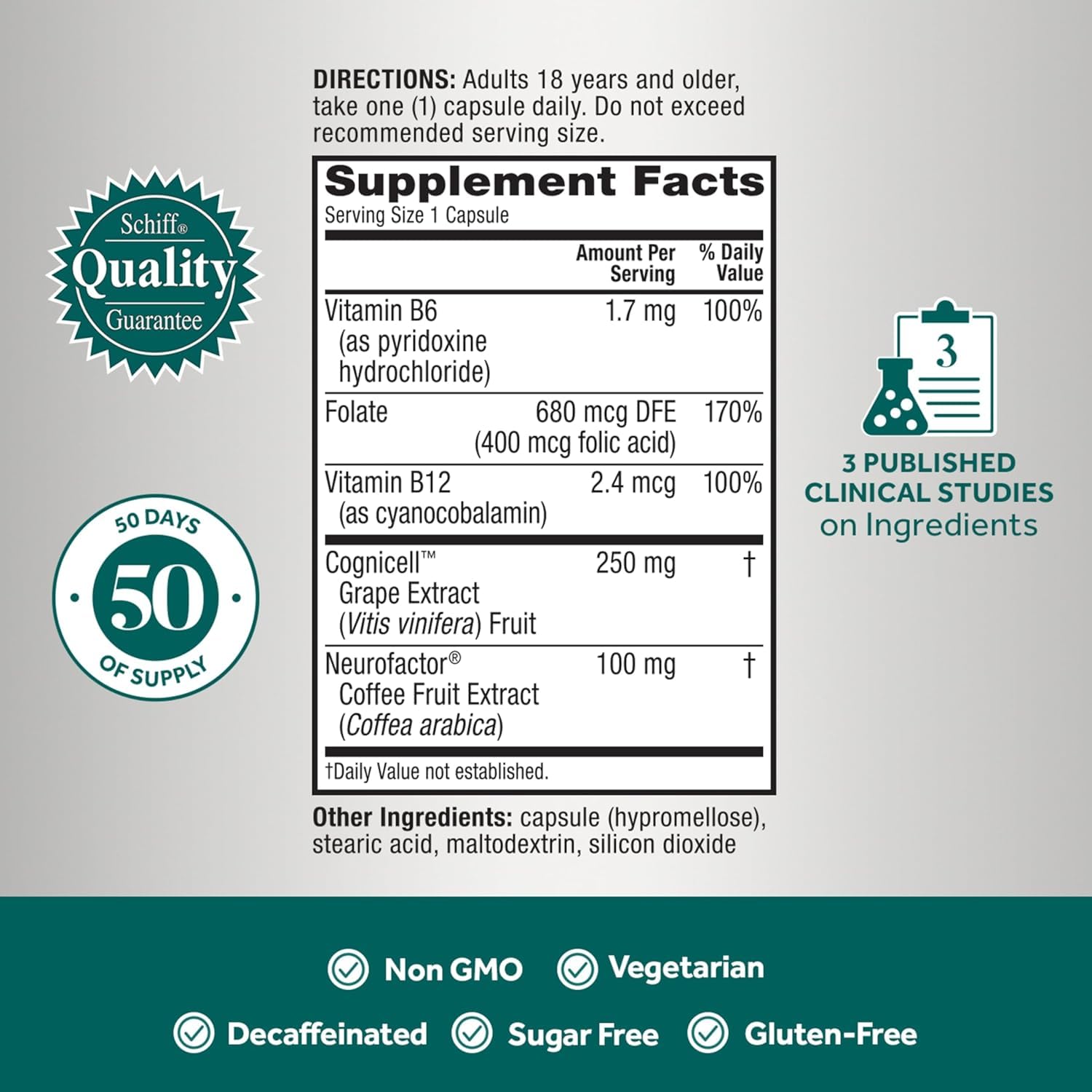 NEURIVA Memory 3D label notes B6, B12, and folic acid benefits