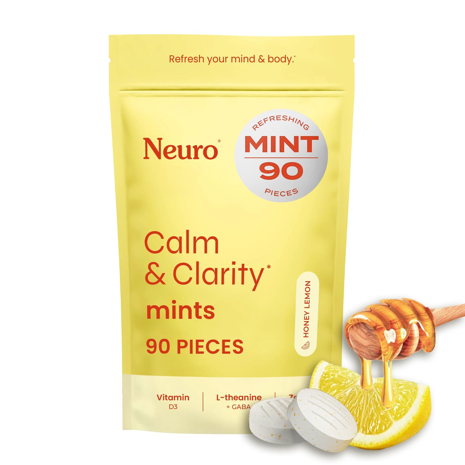 Neuro Calm and Clarity mints in honey lemon packaging for convenient calm on the go.