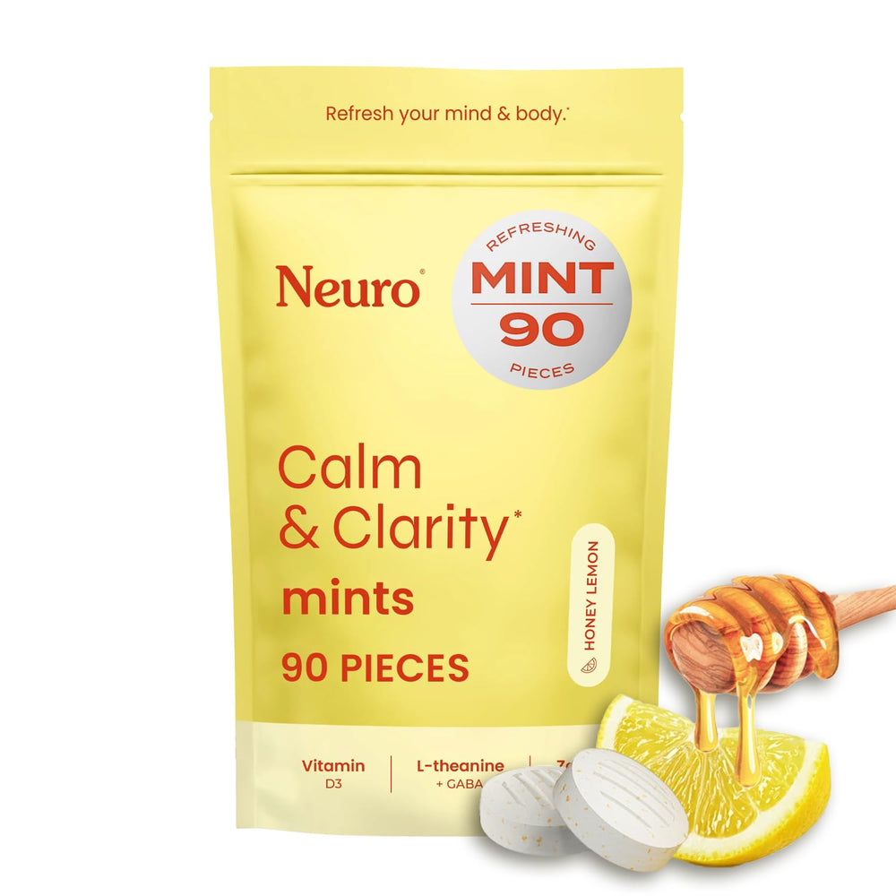 Neuro Calm and Clarity mints in honey lemon packaging for convenient calm on the go.