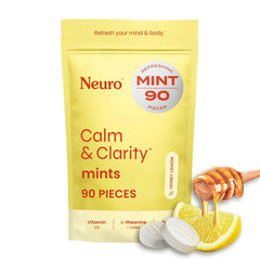 Neuro Calm and Clarity mints in honey lemon packaging for convenient calm on the go.