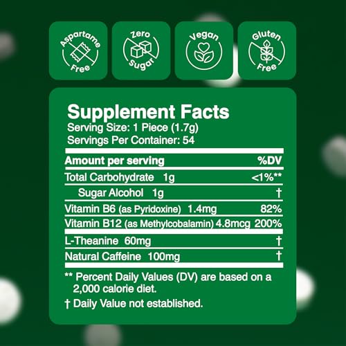 Close-up of Neuro gum piece showing 100mg caffeine for quick focus.