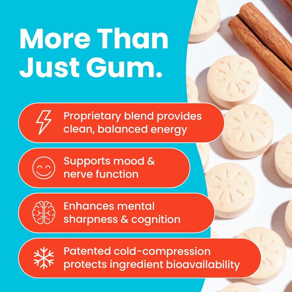 Neuro Energy & Focus Gum bottle open, showing 54-count supply for daily use.