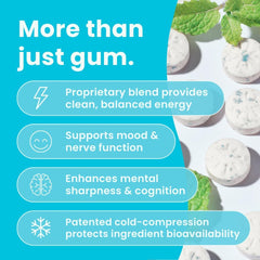 Neuro Energy & Focus Gum closeup-peppermint reveals a sugar-free vegan formula for daily use.