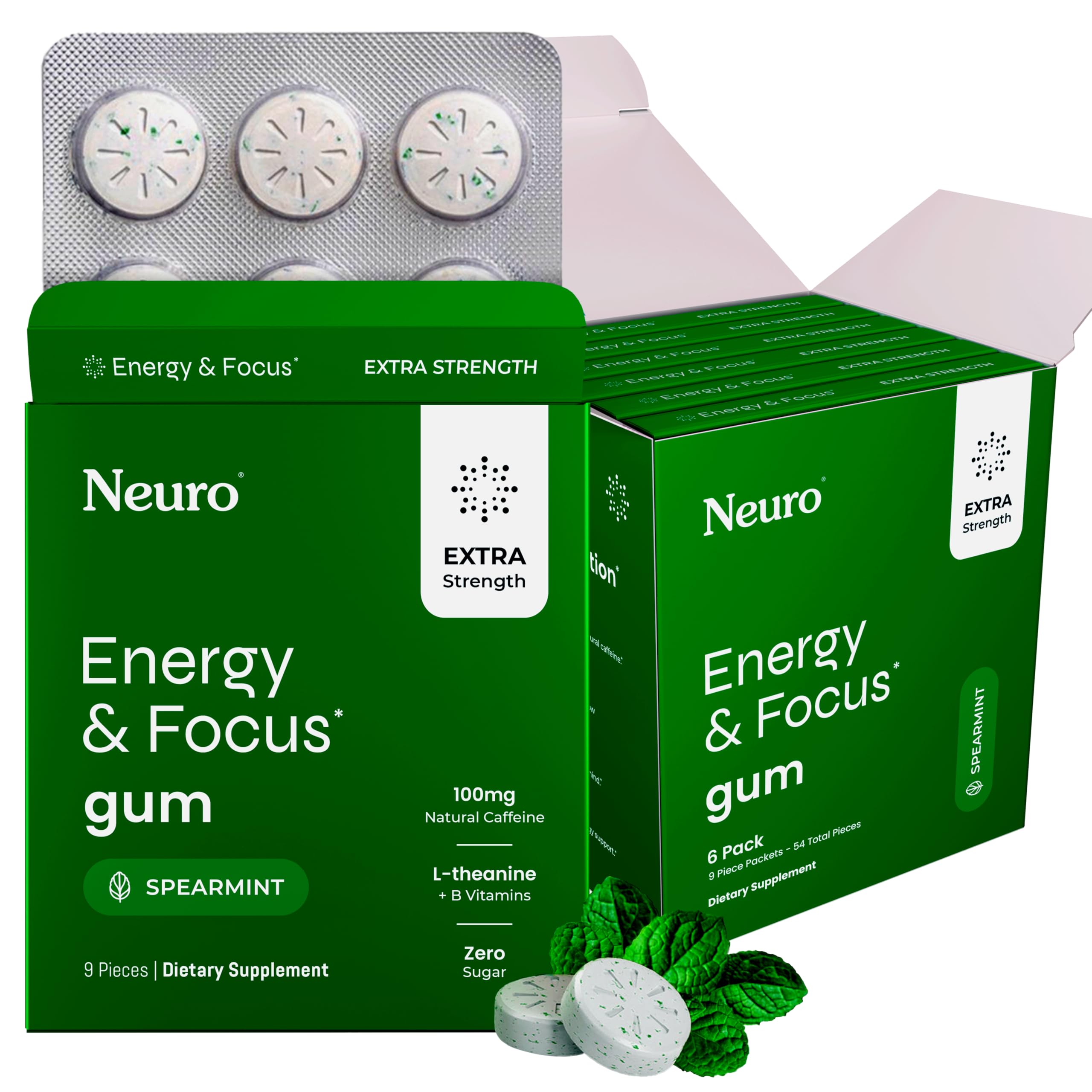 Neuro Energy & Focus Gum extra-strength pack-shot for on-the-go energy.