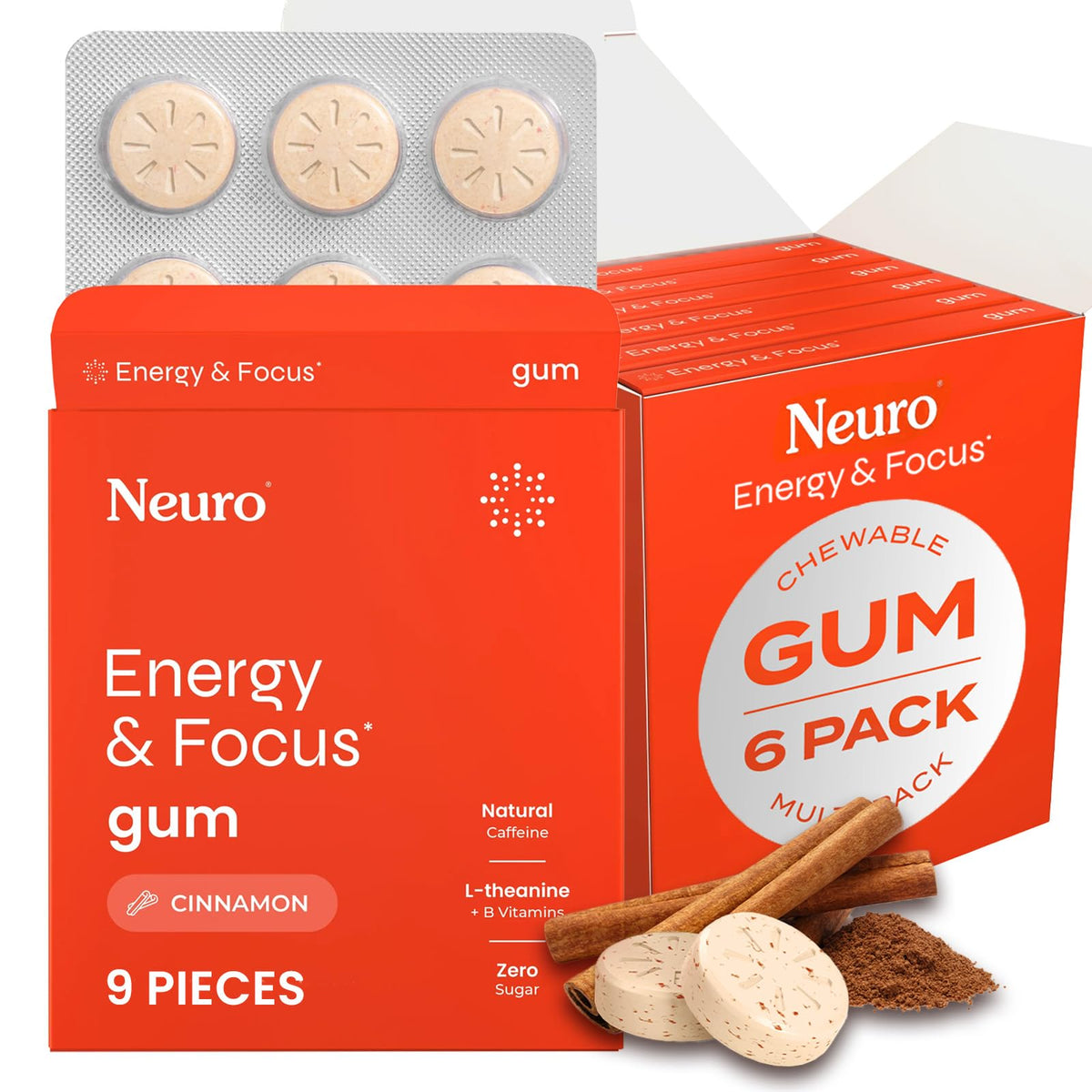 Neuro Energy & Focus Gum front view, cinnamon flavor, 54-count pack for on-the-go focus.