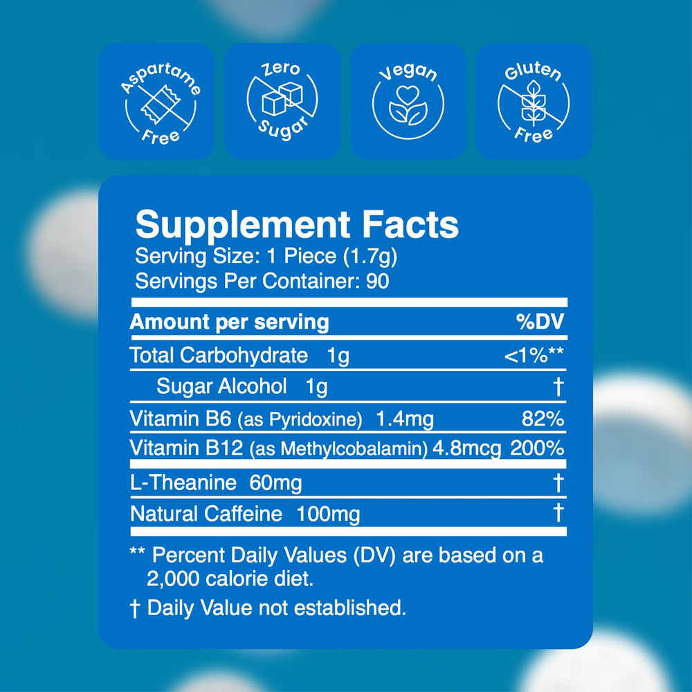 Bottle label detail of Neuro Gum emphasizing vegan, sugar-free ingredients.