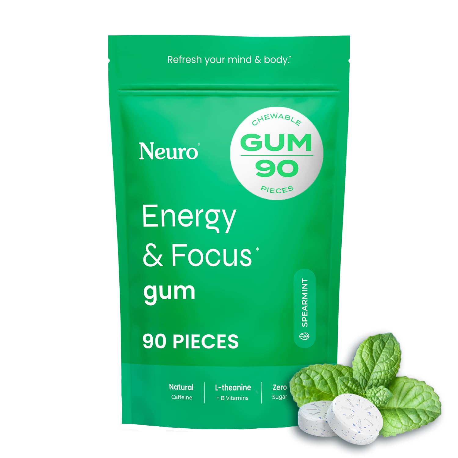 Neuro Energy & Focus Gum pack front view showing sugar-free label and minty design