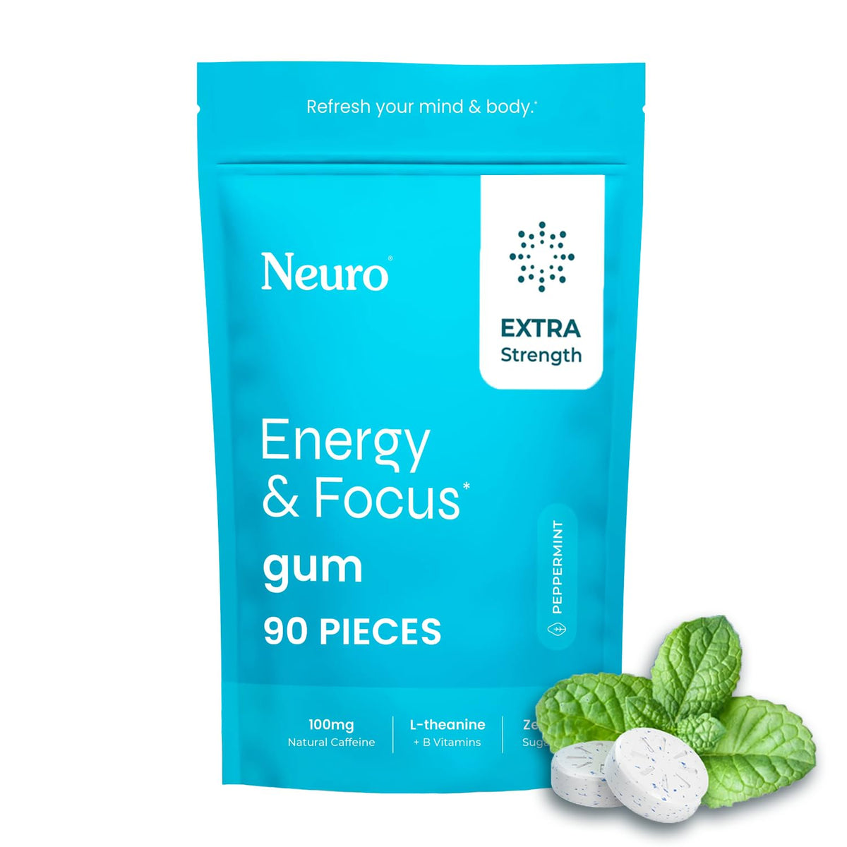 Neuro Energy & Focus Gum pack-shot showing peppermint flavor and energy on the go.