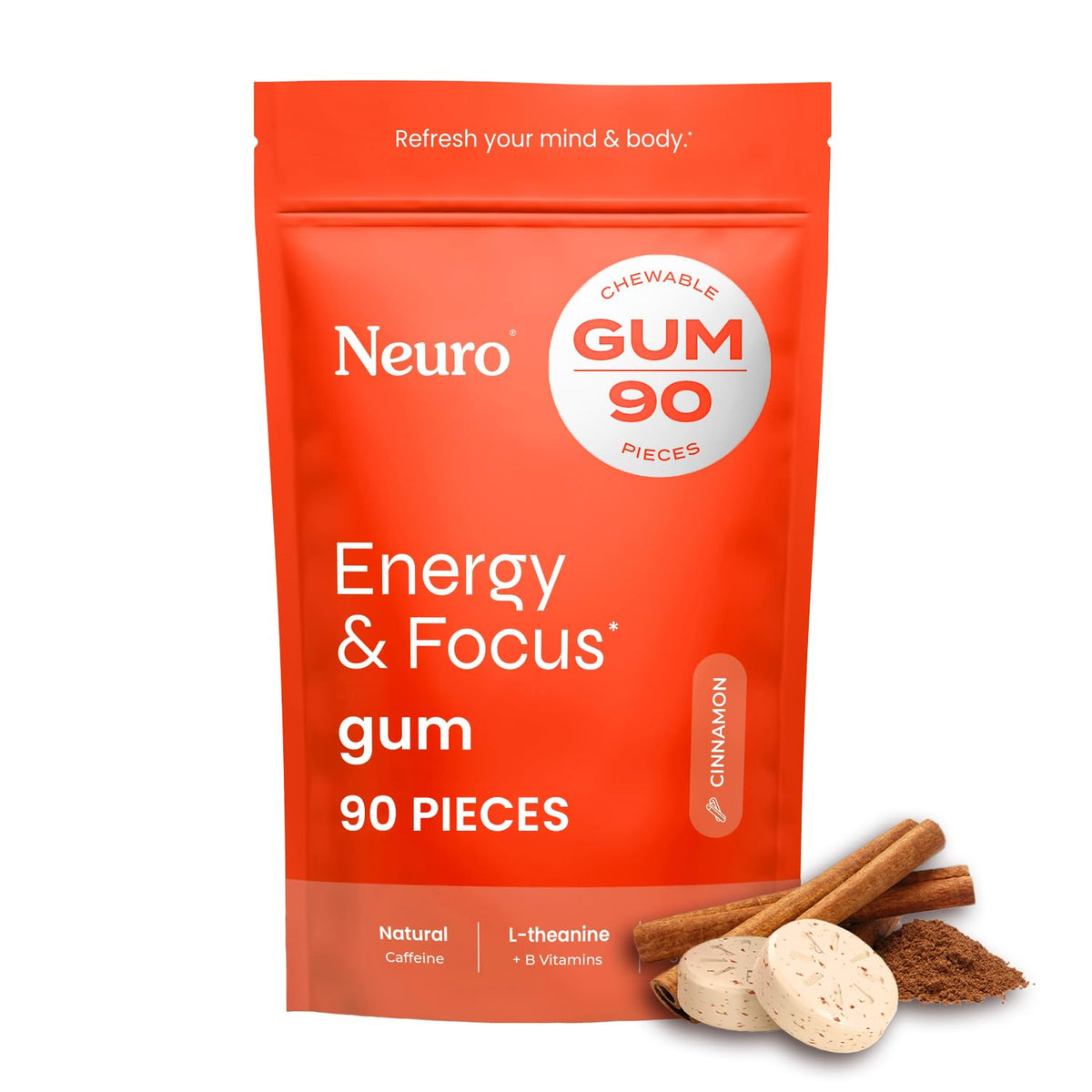 Neuro Energy & Focus Gum package with cinnamon flavor for quick energy.