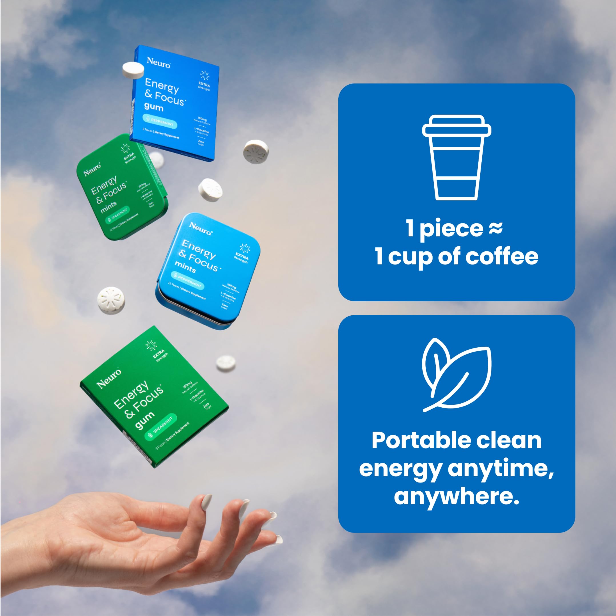 Packaging close-up of Neuro Gum highlighting sugar-free vegan formula.