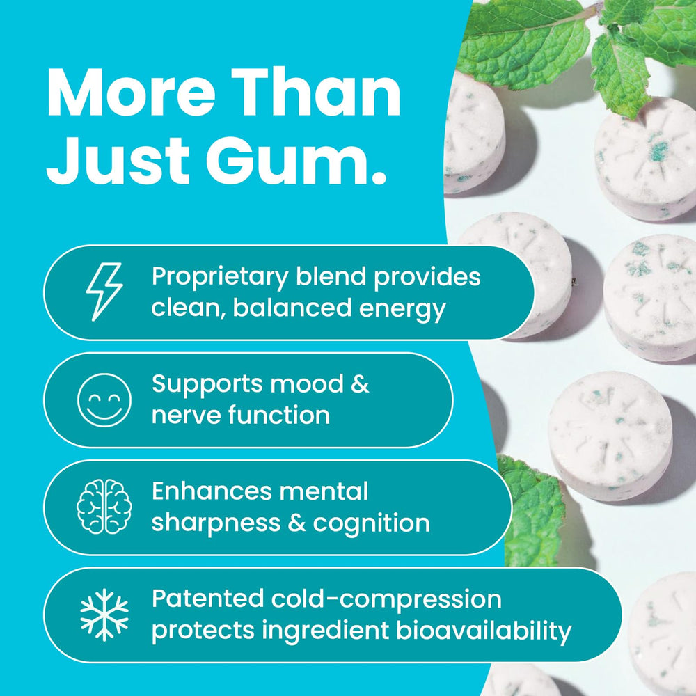 Neuro Energy Focus Gum piece close-up shows smooth texture and no sugar.