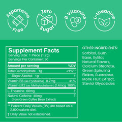 Neuro Energy & Focus Gum piece closeup highlighting 40 mg caffeine and 60 mg L-theanine