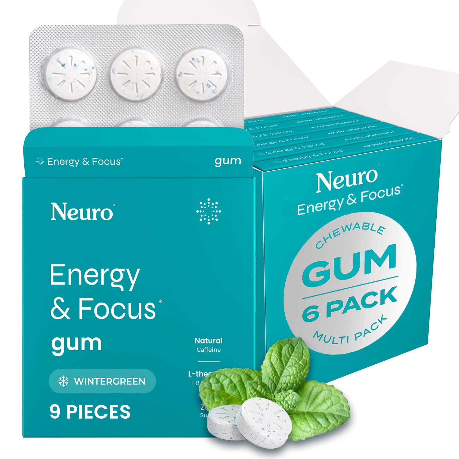 Neuro Energy Focus Gum wintergreen front-pack shows portable, sugar-free energy on the go.