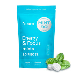 Neuro Energy & Focus Mints bottle-pour showing sugar-free caffeine for on-the-go energy
