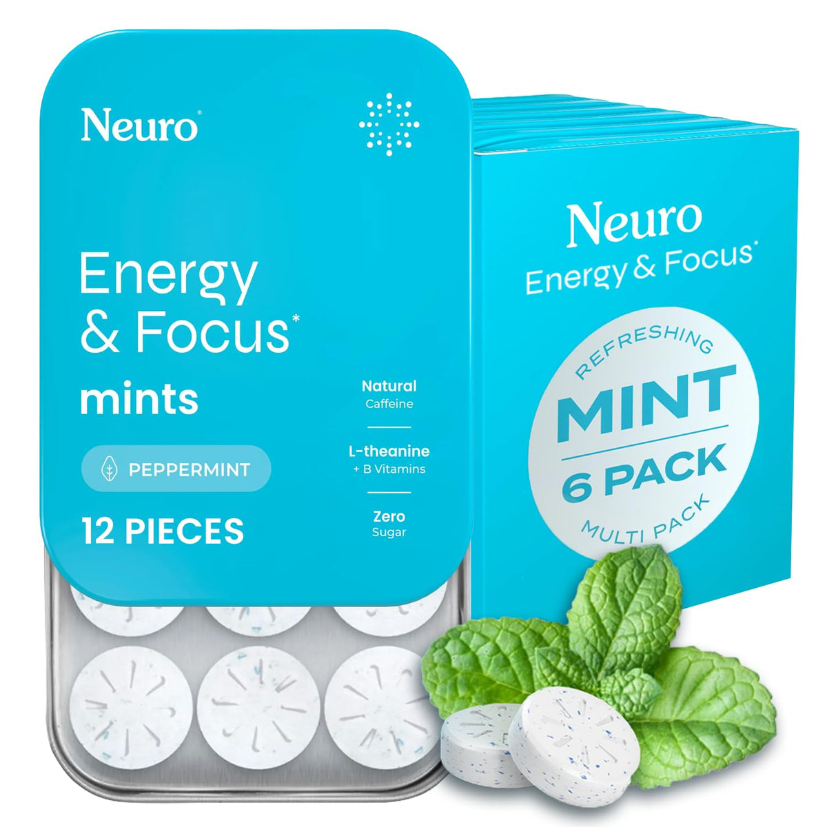 Neuro Energy & Focus Mints bottle shown for quick caffeine boost on the go