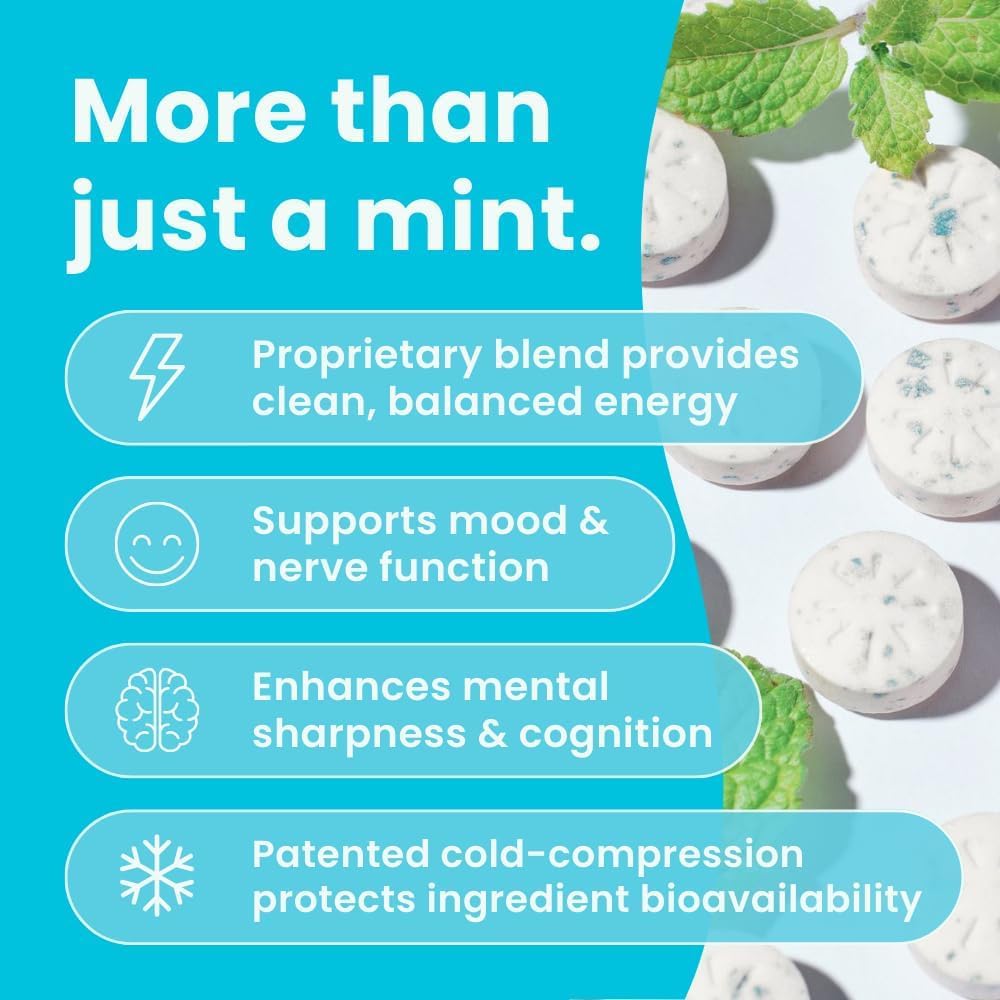 Neuro Energy & Focus Mints packaging highlighting vegan and sugar-free formula