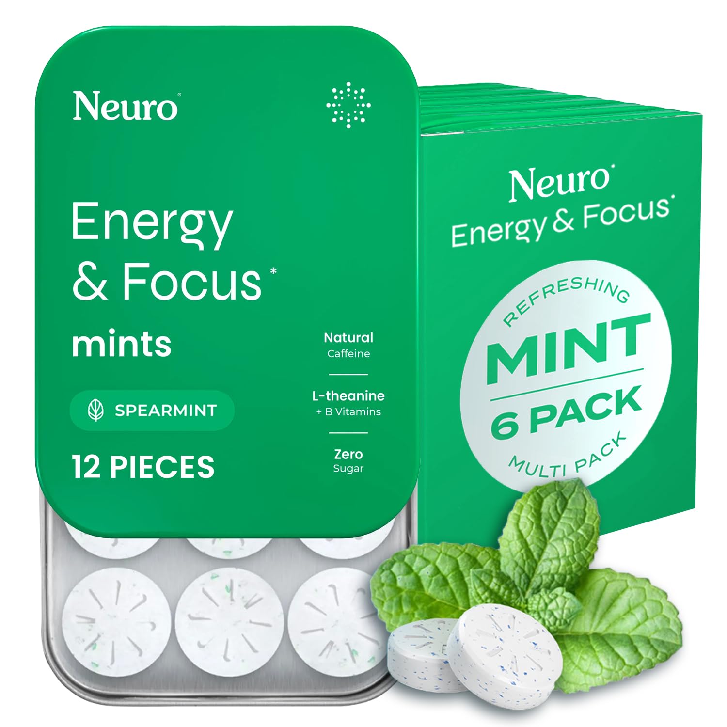 Neuro Energy & Focus Mints tin front showing spearmint flavor and a clean energy boost for focus.