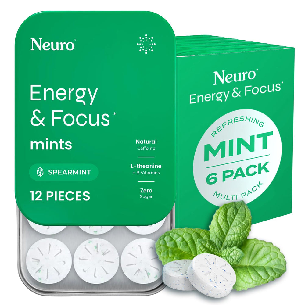 Neuro Energy & Focus Mints tin front showing spearmint flavor and a clean energy boost for focus.