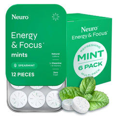 Neuro Energy & Focus Mints tin front showing spearmint flavor and a clean energy boost for focus.